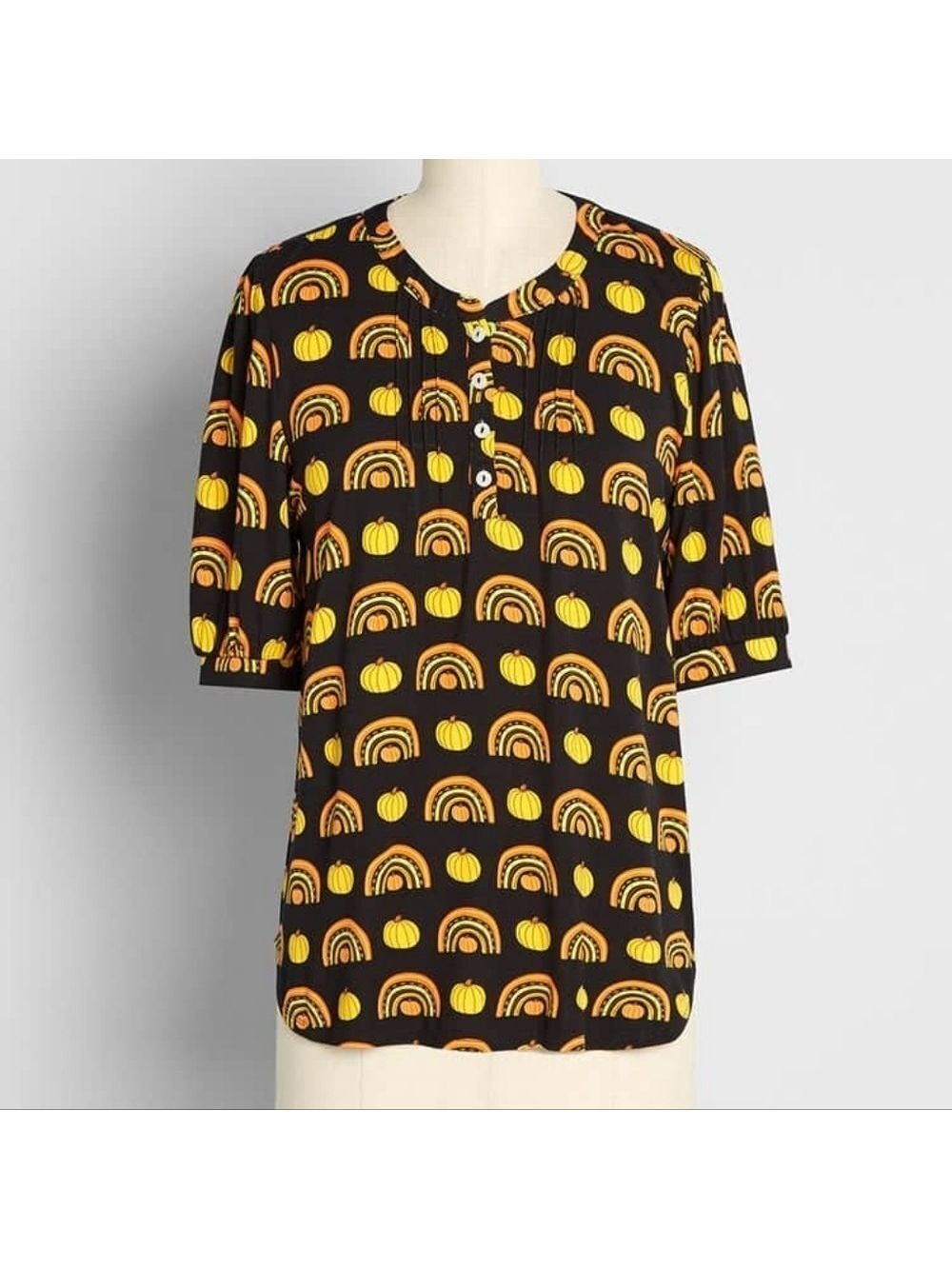 ModCloth Black Orange Yellow Pumpkin Rainbow Autumn Print Short Sleeve Top